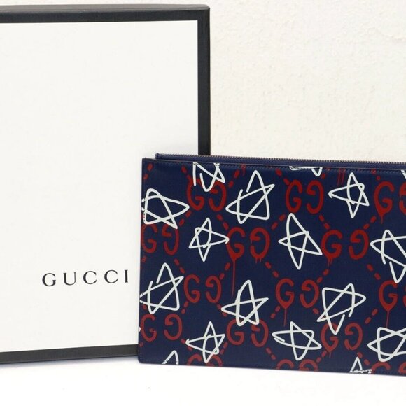 Gucci New 445597 Ghost Gg Stars Big Pouch Multicolor Leather Clutch - Picture 1 of 12